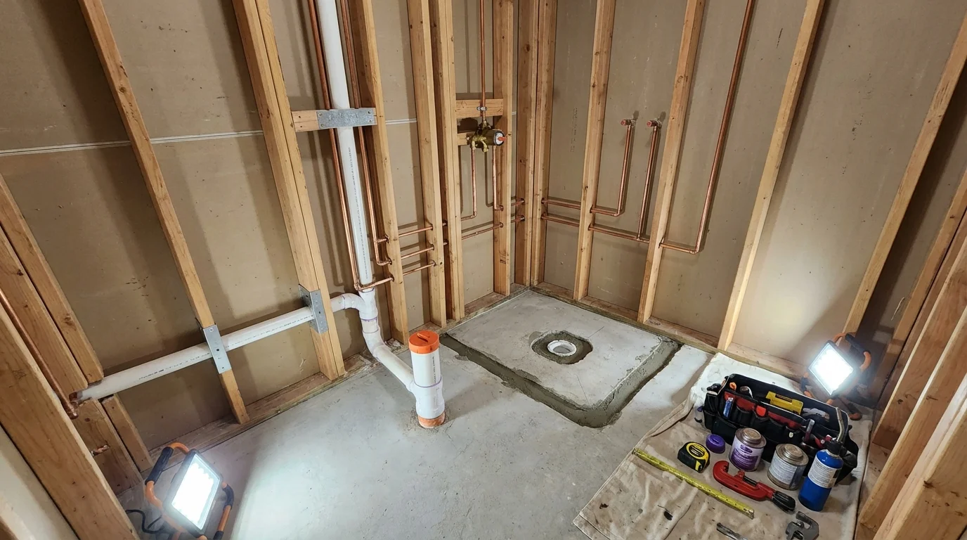 Bathroom rough-in plumbing during remodel by Johns Plumbing LLC in La Feria