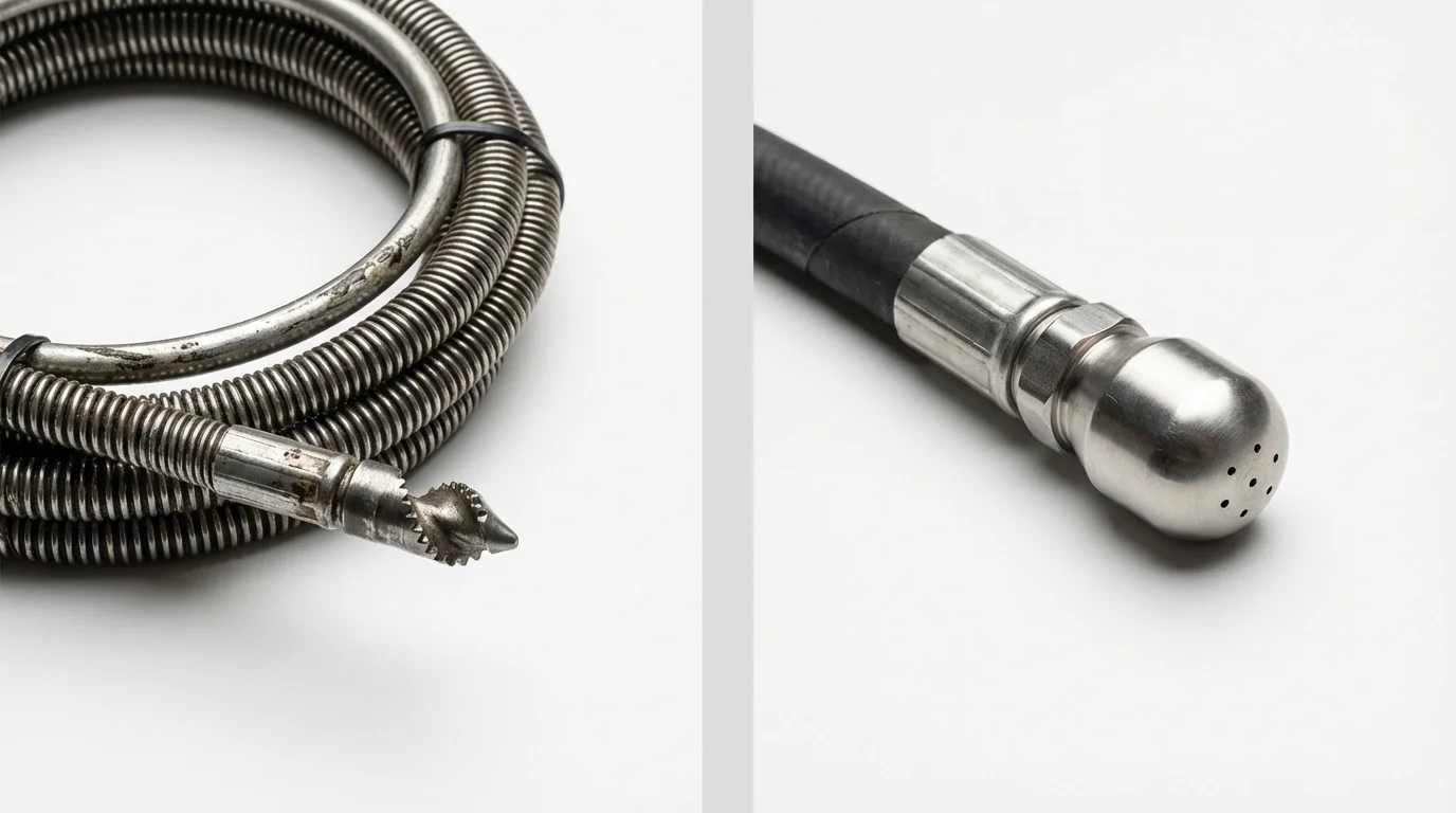 Drain snake cable and hydro jetting nozzle used for drain cleaning in La Feria, TX