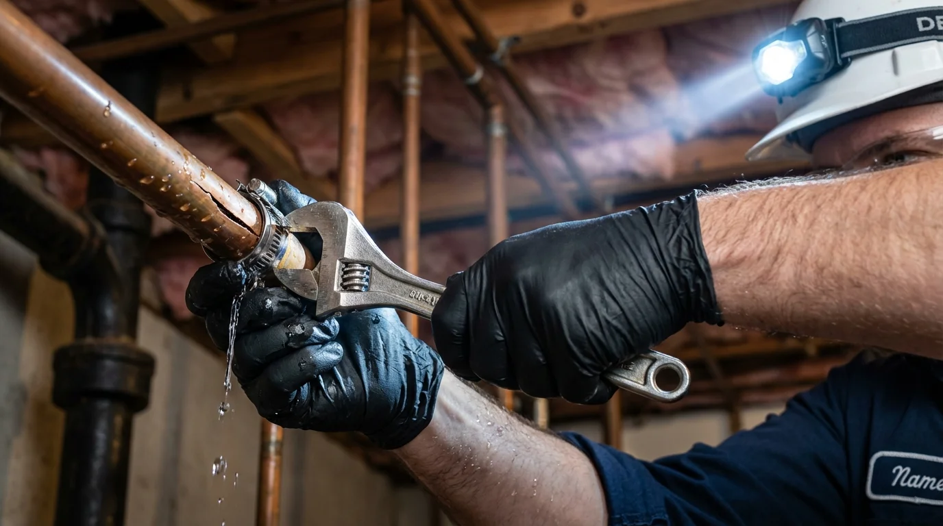 Emergency pipe clamp repair being performed by a Johns Plumbing LLC plumber in La Feria