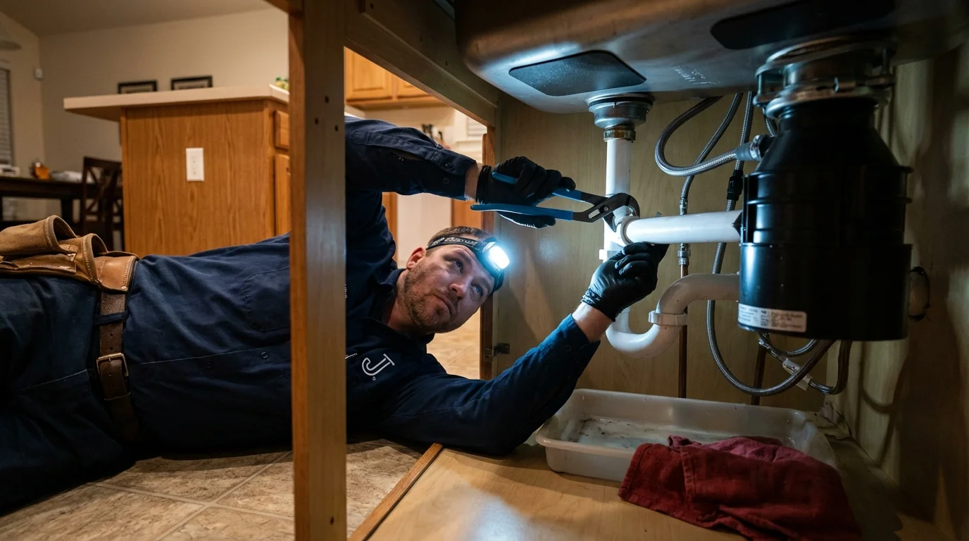 P-trap and supply line connections under a kitchen sink showing a common leak point in La Feria, TX